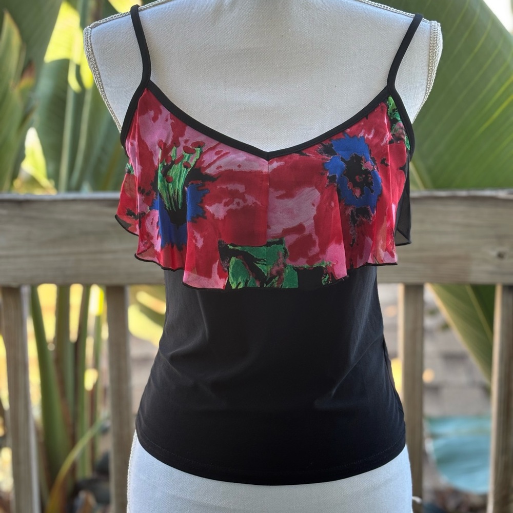 Joseph Ribkoff Floral Ruffle V Neck Camisole Top Black Multi Stretch Knit Sz 8